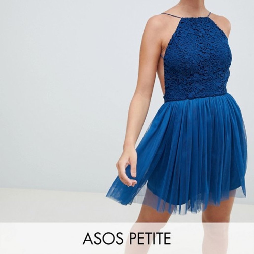 ASOS DESIGN Petite Lace Top Tulle Mini Dress